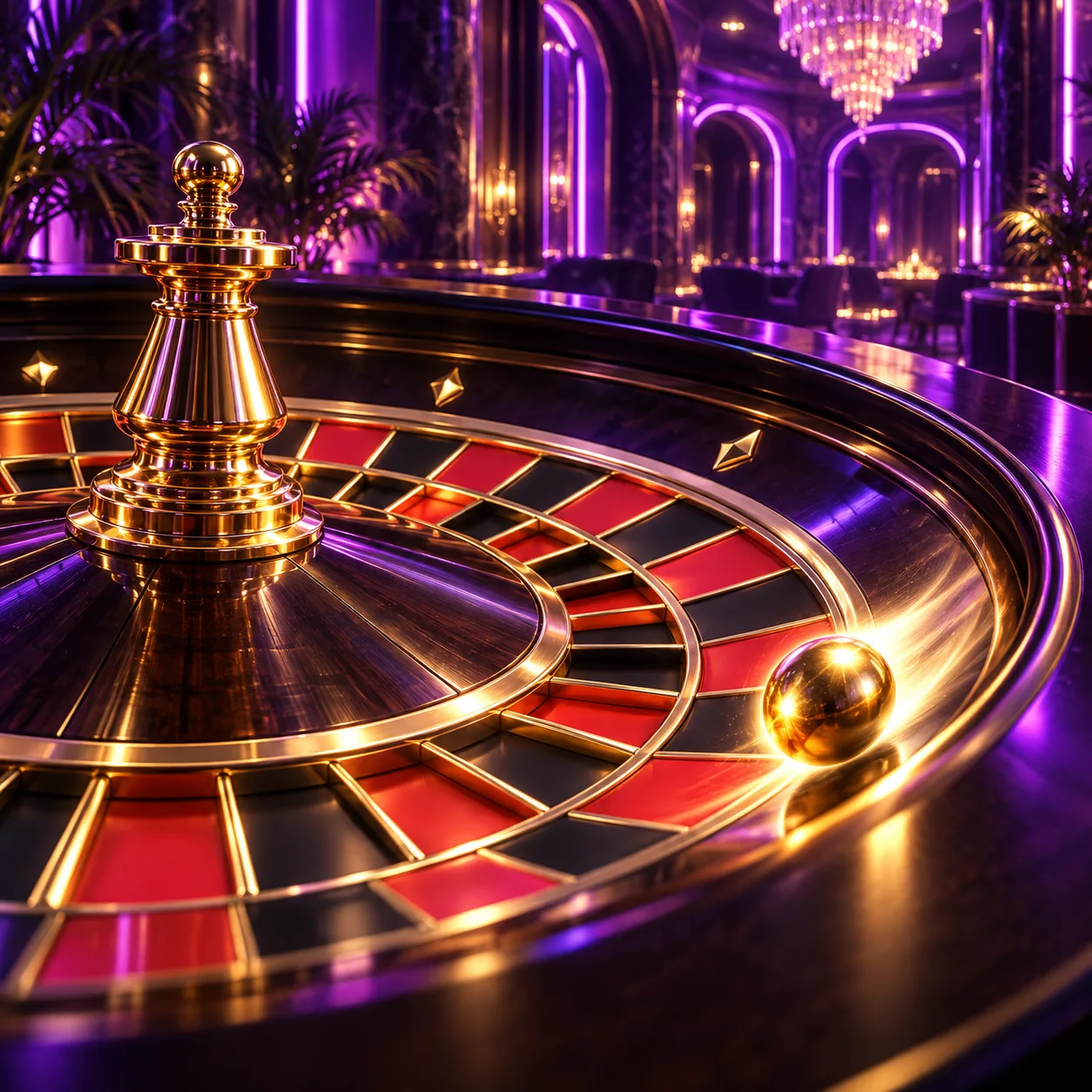Roulettewiel in een paars verlichte casinoruimte